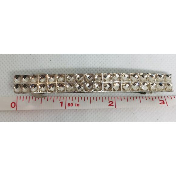 Vintage Silvertone and Rhinestone 2 Row Barrette Hair Accessory 3 1/8" - Picture 6 of 7